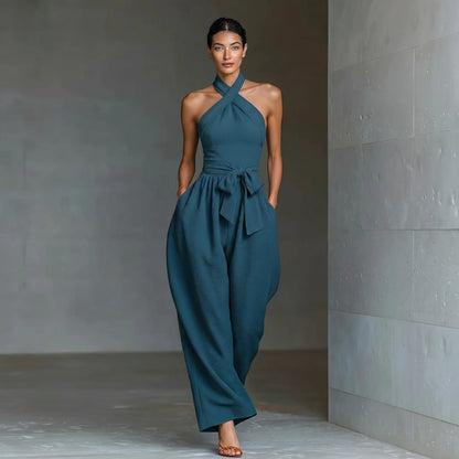 Elevate Your Summer Style with Our Sleeveless Halter Tie Long Pants Jumpsuit - Chic, Backless, and Perfectly Slim-Fitting!