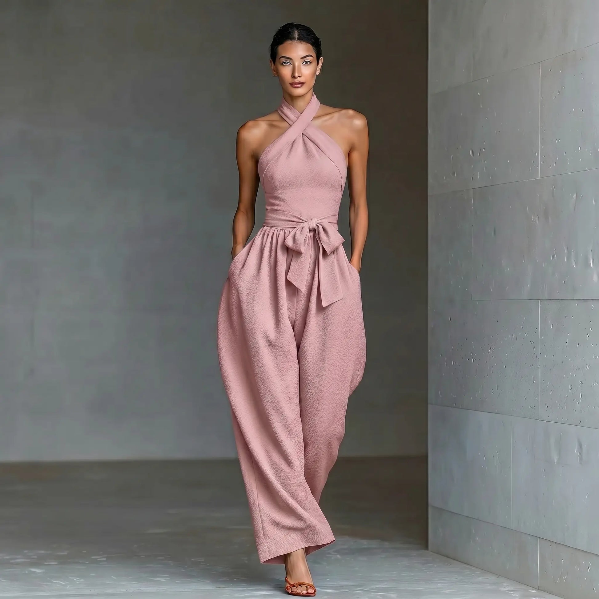 Elevate Your Summer Style with Our Sleeveless Halter Tie Long Pants Jumpsuit - Chic, Backless, and Perfectly Slim-Fitting!