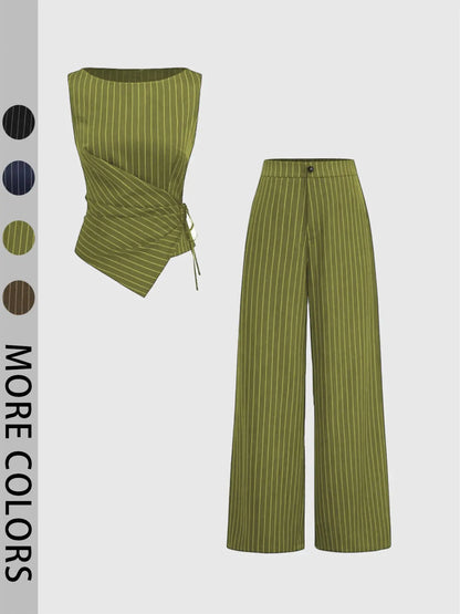 Chic Women's Striped Tie-Back Vest Top and Straight Leg Pants Set - Elegant Slim-Fitting Ensemble for All Seasons