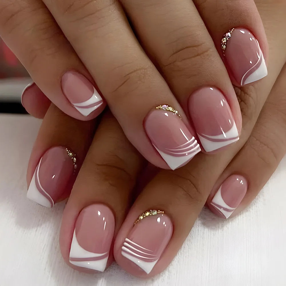 Glamorous Pink Glitter French Short Fake Nails - 24Pcs Full Cover Press-On Nail Tips for Effortless Manicures