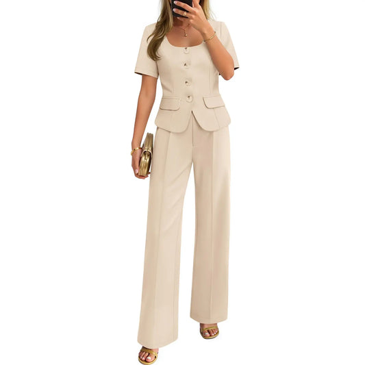 ZESICA Women'S Summer Two Pieces Suits Set 2026 Short Sleeve Blazer Wide Leg Pants Business Casual Outfits Sets