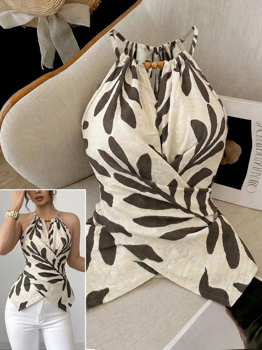 Women'S Halter Ditsy Floral Leaf Print Corset Top, Beaded Neck Wrap Waist Peplum Blouse, Elegant Slim Sleeveless Top, Casual Summer Outfit for Beach Party/Date Night