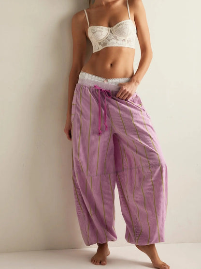 Striped Wide-Leg Pants, Millennial Style Home Casual Loose Baggy Trousers, Elastic Waist Drawstring Loose Fit, Retro Summer Beach Resort Daily Streetwear for Women