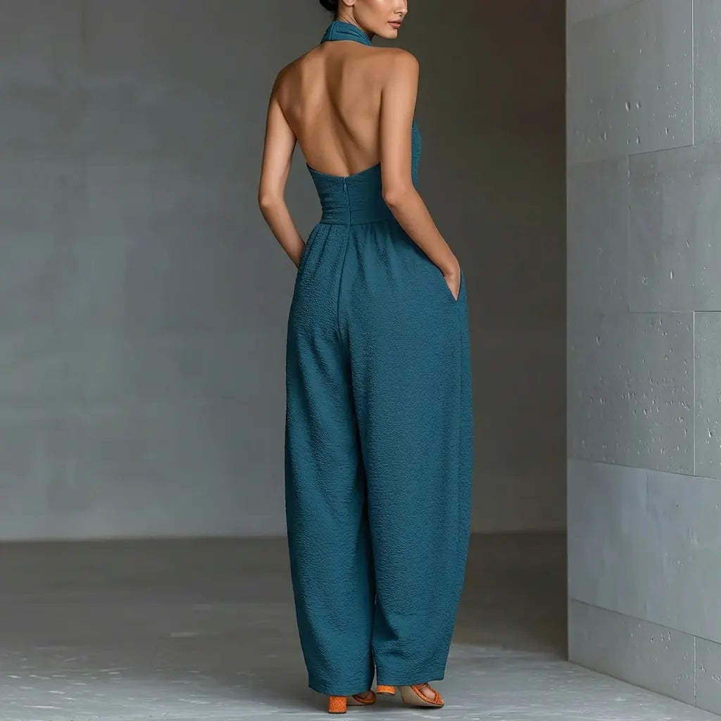 Elevate Your Summer Style with Our Sleeveless Halter Tie Long Pants Jumpsuit - Chic, Backless, and Perfectly Slim-Fitting!