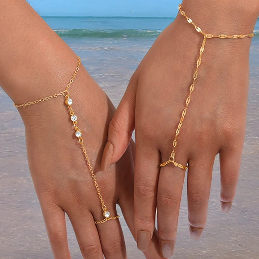 2Pcs Gold Color Hand Chain Bracelets Set for Women Boho Vintage Geometric Zircon Ring Bracelet Daily Beach Party Jewelry Gift