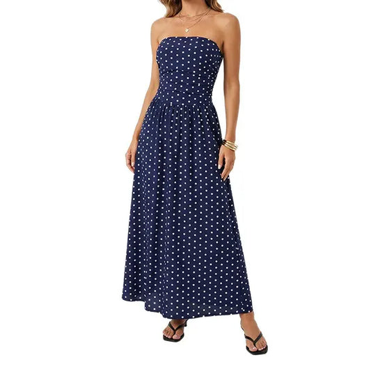 Chicovar Women'S Polka Dot Strapless Maxi Dress, Flowy Summer Dress, Chic Smocked Back, A-Line, Casual, Vacation Beach Dress, Summervibes
