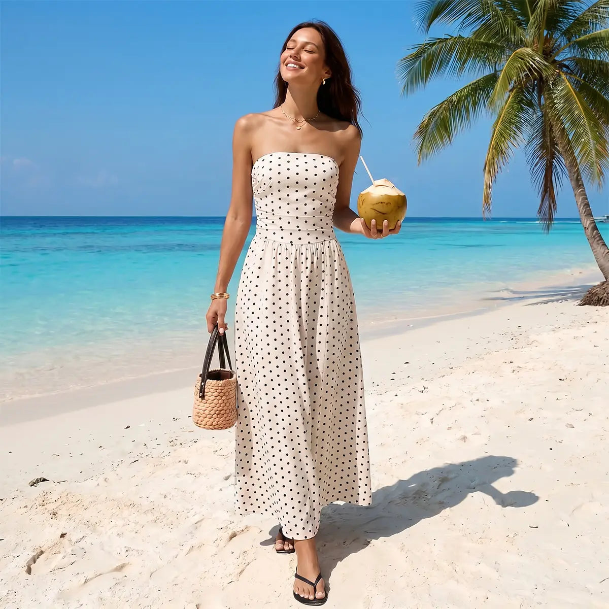 Chicovar Women'S Polka Dot Strapless Maxi Dress, Flowy Summer Dress, Chic Smocked Back, A-Line, Casual, Vacation Beach Dress, Summervibes