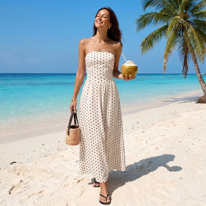Chicovar Women'S Polka Dot Strapless Maxi Dress, Flowy Summer Dress, Chic Smocked Back, A-Line, Casual, Vacation Beach Dress, Summervibes