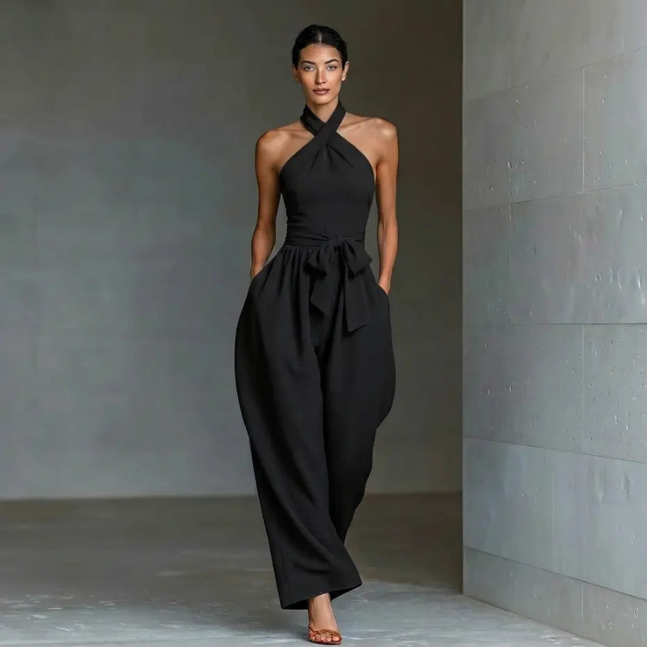 Elevate Your Summer Style with Our Sleeveless Halter Tie Long Pants Jumpsuit - Chic, Backless, and Perfectly Slim-Fitting!