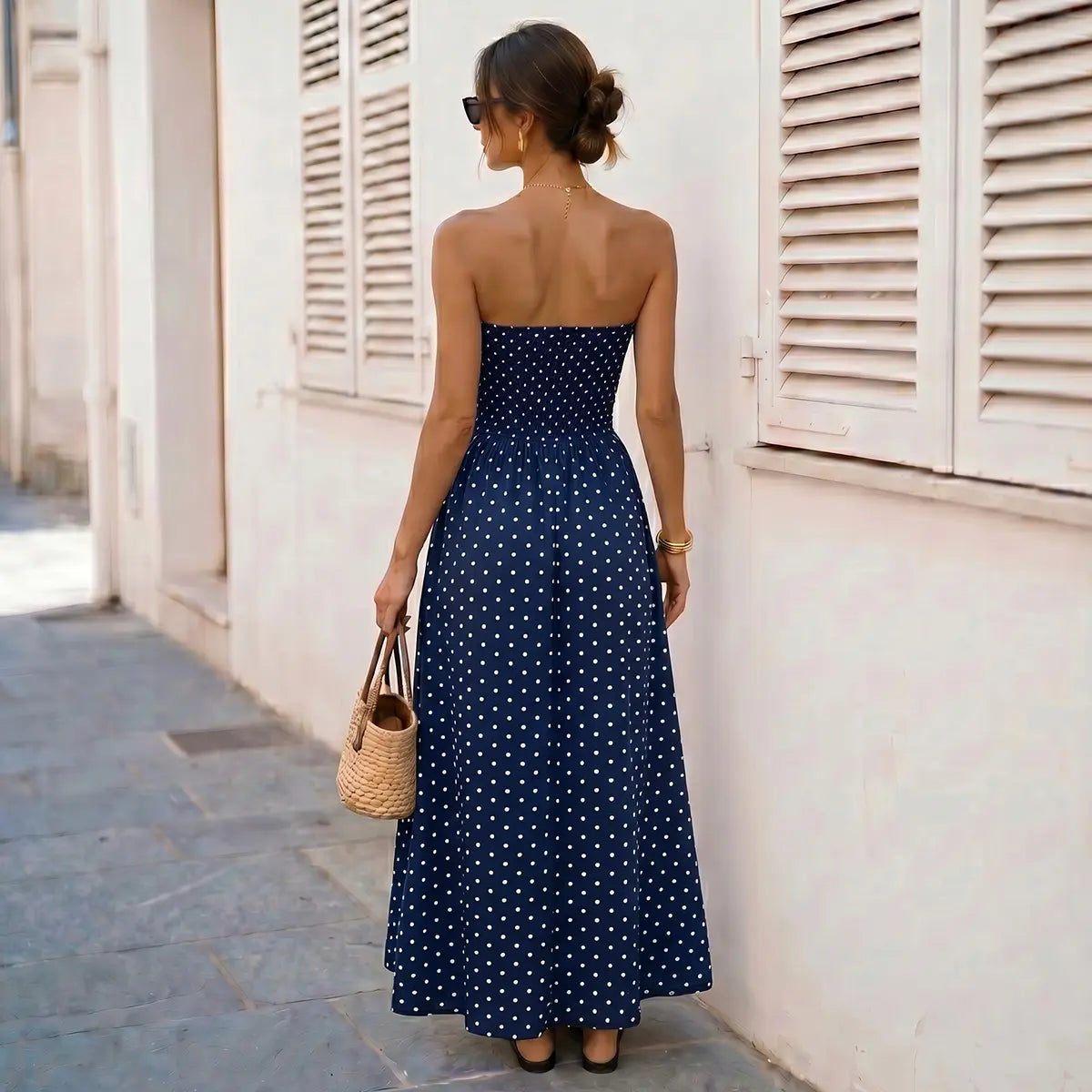 Chicovar Women'S Polka Dot Strapless Maxi Dress, Flowy Summer Dress, Chic Smocked Back, A-Line, Casual, Vacation Beach Dress, Summervibes
