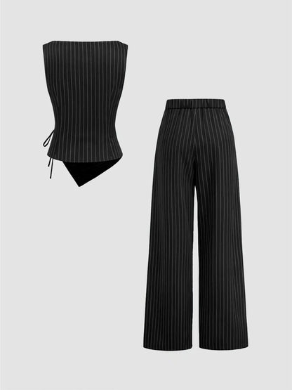 Chic Women's Striped Tie-Back Vest Top and Straight Leg Pants Set - Elegant Slim-Fitting Ensemble for All Seasons