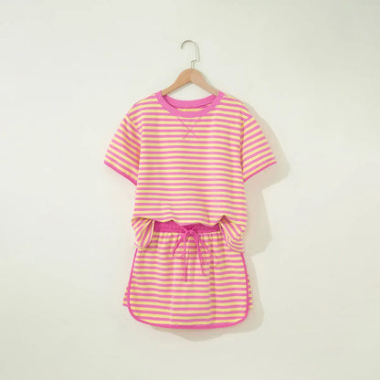 Mntaor Cozy & Chic Striped Set for Women - Matching Top and Mini Skirt in Pink, Soft Fabric, Perfect for Summer Shopping or Coffee Dates, Womenswear Clothes