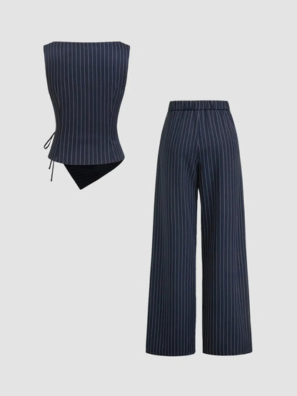 Chic Women's Striped Tie-Back Vest Top and Straight Leg Pants Set - Elegant Slim-Fitting Ensemble for All Seasons