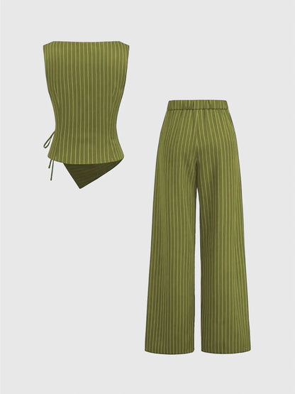 Chic Women's Striped Tie-Back Vest Top and Straight Leg Pants Set - Elegant Slim-Fitting Ensemble for All Seasons
