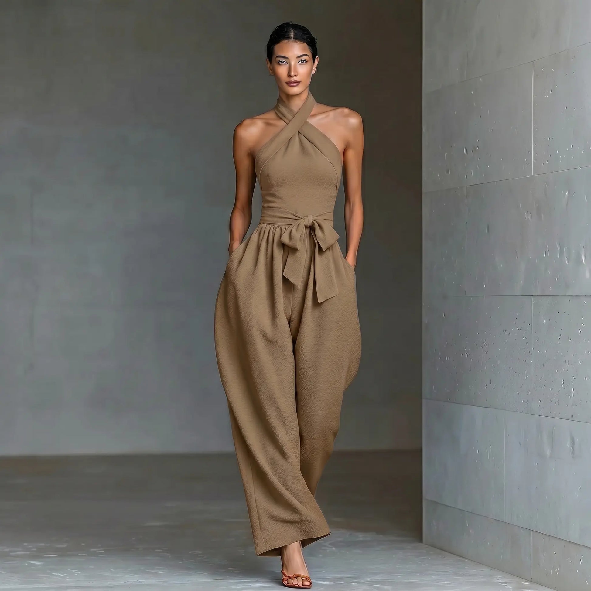 Elevate Your Summer Style with Our Sleeveless Halter Tie Long Pants Jumpsuit - Chic, Backless, and Perfectly Slim-Fitting!