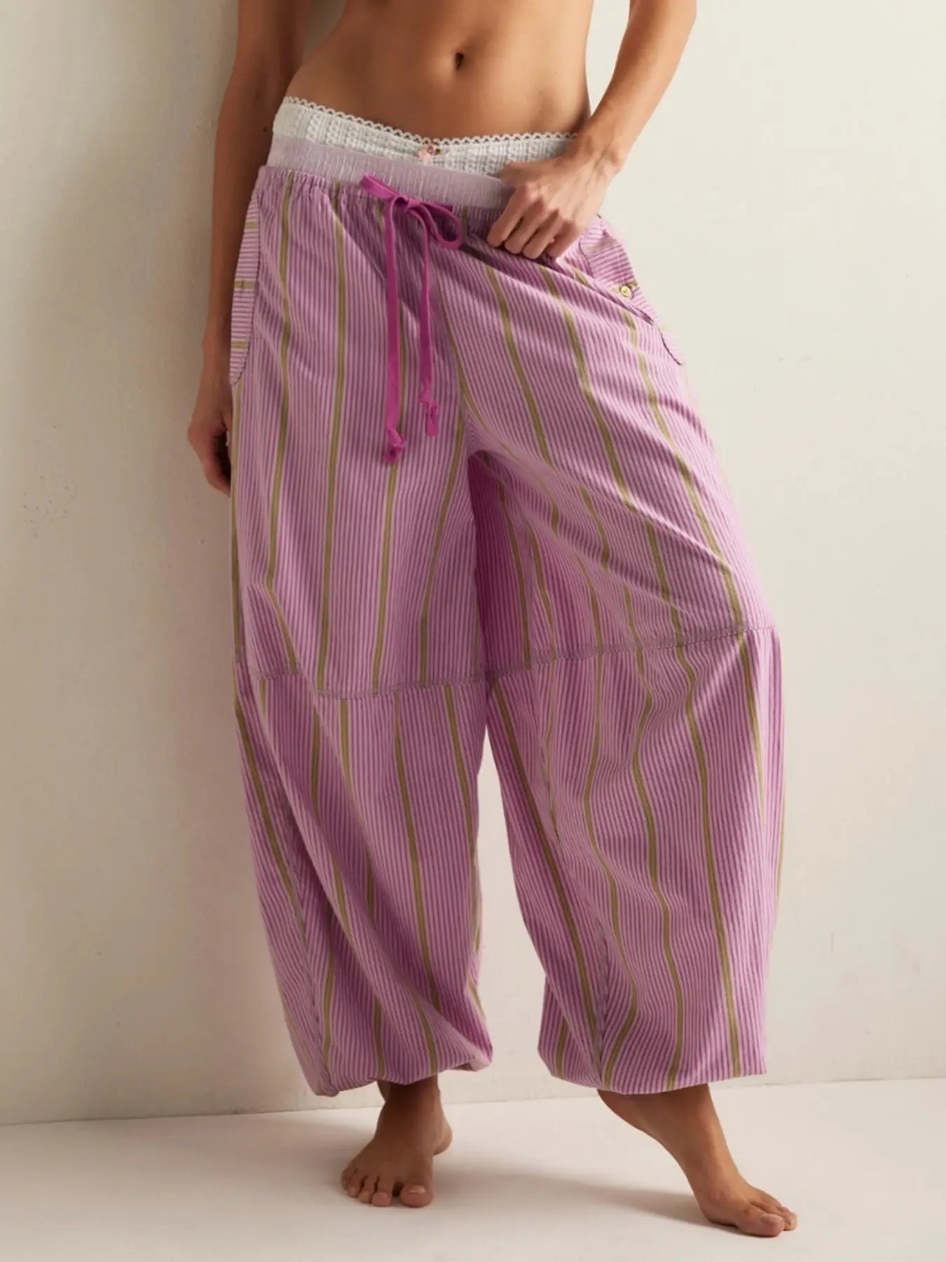 Striped Wide-Leg Pants, Millennial Style Home Casual Loose Baggy Trousers, Elastic Waist Drawstring Loose Fit, Retro Summer Beach Resort Daily Streetwear for Women
