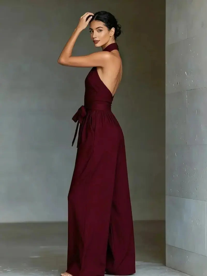 Elevate Your Summer Style with Our Sleeveless Halter Tie Long Pants Jumpsuit - Chic, Backless, and Perfectly Slim-Fitting!