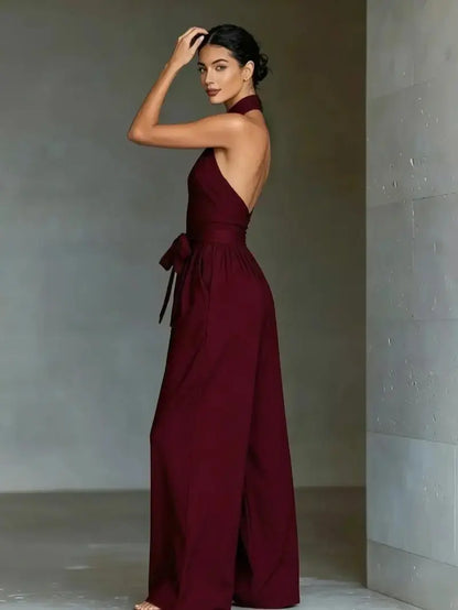 Elevate Your Summer Style with Our Sleeveless Halter Tie Long Pants Jumpsuit - Chic, Backless, and Perfectly Slim-Fitting!