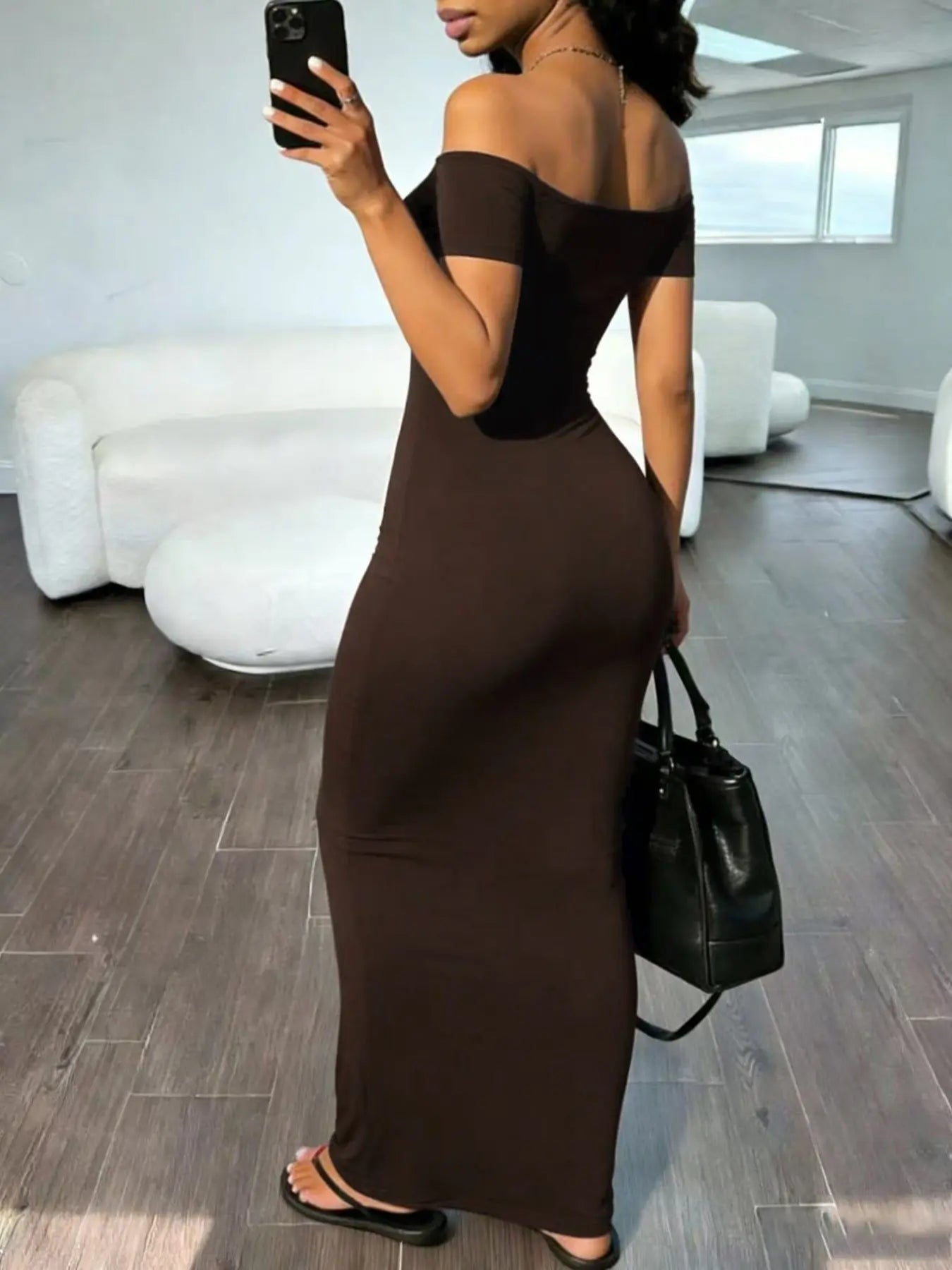 One-Shoulder Short Sleeve Bodycon A-Line Long Dress, Chic Sexy Pure Color Tight-Fit Evening Dress, Elegant Slimming Off-The-Shoulder Date Night Dress