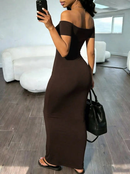 One-Shoulder Short Sleeve Bodycon A-Line Long Dress, Chic Sexy Pure Color Tight-Fit Evening Dress, Elegant Slimming Off-The-Shoulder Date Night Dress
