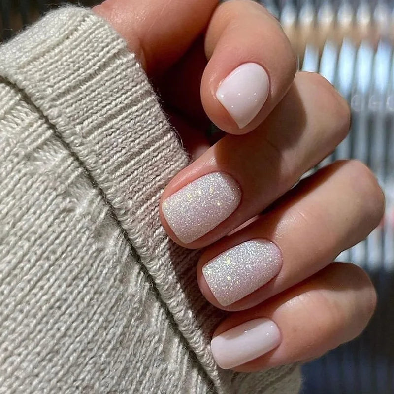 Glamorous Pink Glitter French Short Fake Nails - 24Pcs Full Cover Press-On Nail Tips for Effortless Manicures