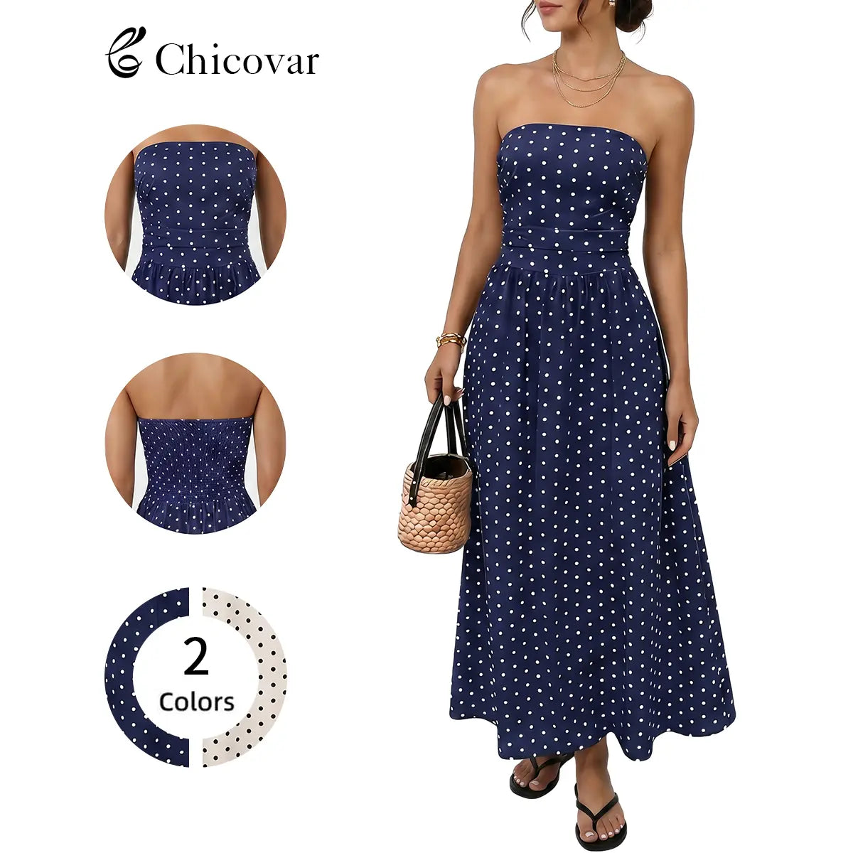Chicovar Women'S Polka Dot Strapless Maxi Dress, Flowy Summer Dress, Chic Smocked Back, A-Line, Casual, Vacation Beach Dress, Summervibes
