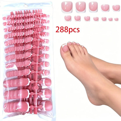 288Pcs Ankle Nails Are Gentle and High-End with White French Stripes Short Square Fake Nails Sweet Press-On Are Suitable for All