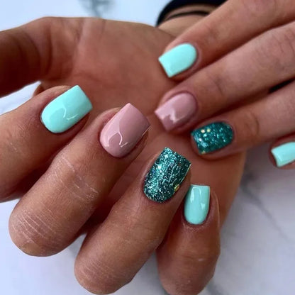 Glamorous Pink Glitter French Short Fake Nails - 24Pcs Full Cover Press-On Nail Tips for Effortless Manicures