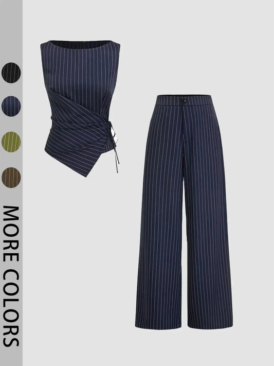 Chic Women's Striped Tie-Back Vest Top and Straight Leg Pants Set - Elegant Slim-Fitting Ensemble for All Seasons