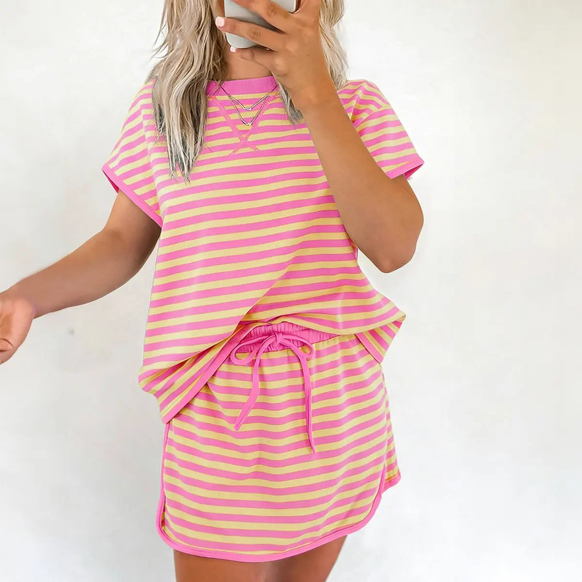 Mntaor Cozy & Chic Striped Set for Women - Matching Top and Mini Skirt in Pink, Soft Fabric, Perfect for Summer Shopping or Coffee Dates, Womenswear Clothes