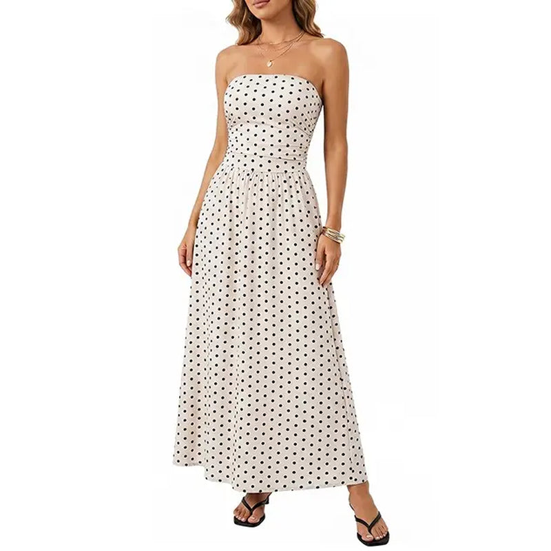 Chicovar Women'S Polka Dot Strapless Maxi Dress, Flowy Summer Dress, Chic Smocked Back, A-Line, Casual, Vacation Beach Dress, Summervibes