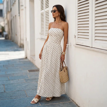 Chicovar Women'S Polka Dot Strapless Maxi Dress, Flowy Summer Dress, Chic Smocked Back, A-Line, Casual, Vacation Beach Dress, Summervibes