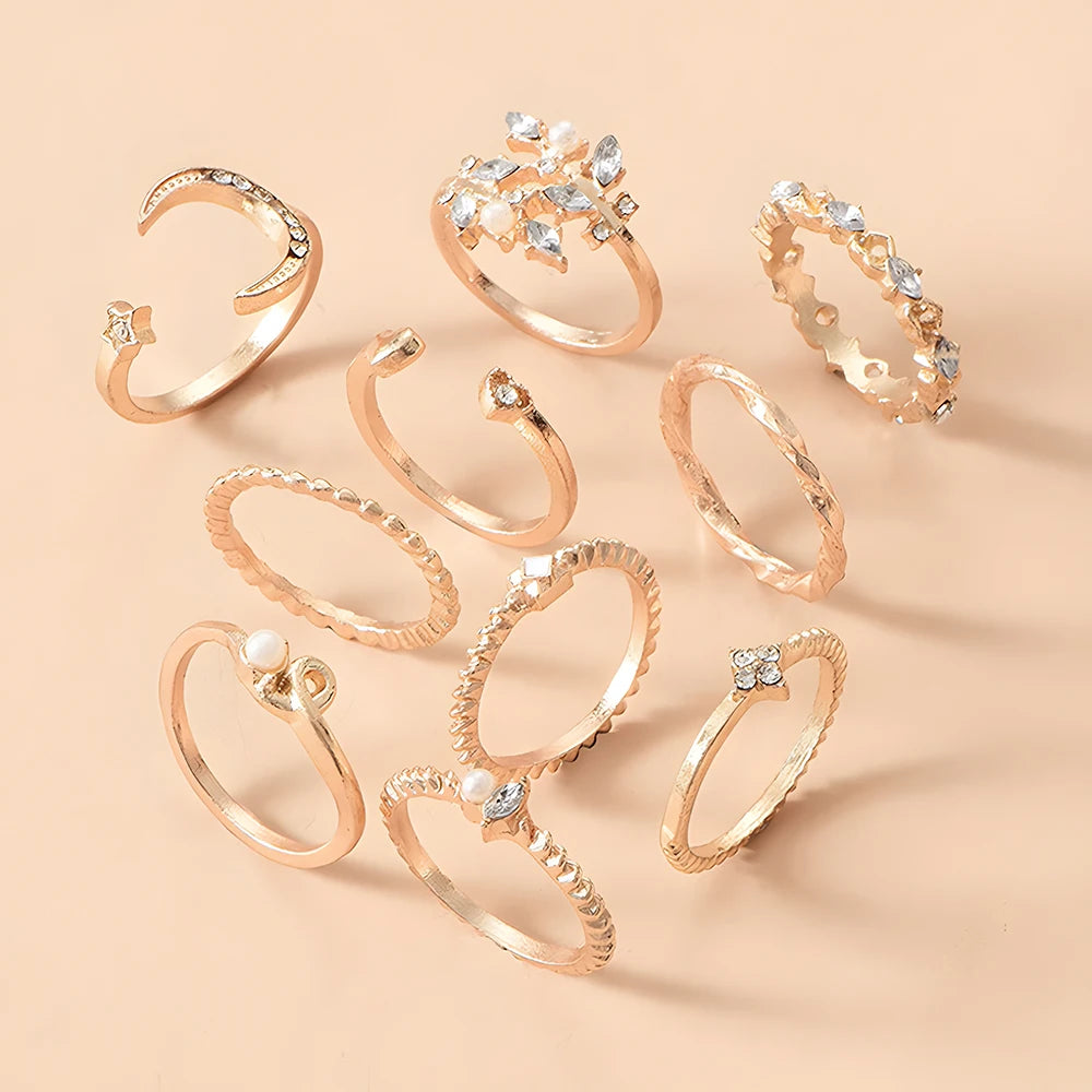 10Pcs Rings Suit for Women Gold-Color Chain Ring Set Bohemian Style Coin Snake Moon Star Party Leaves Love Trend Gift Jewelry