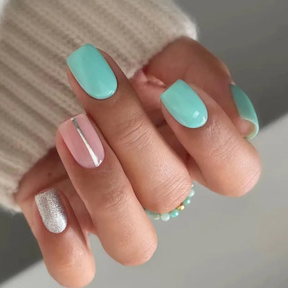 Glamorous Pink Glitter French Short Fake Nails - 24Pcs Full Cover Press-On Nail Tips for Effortless Manicures
