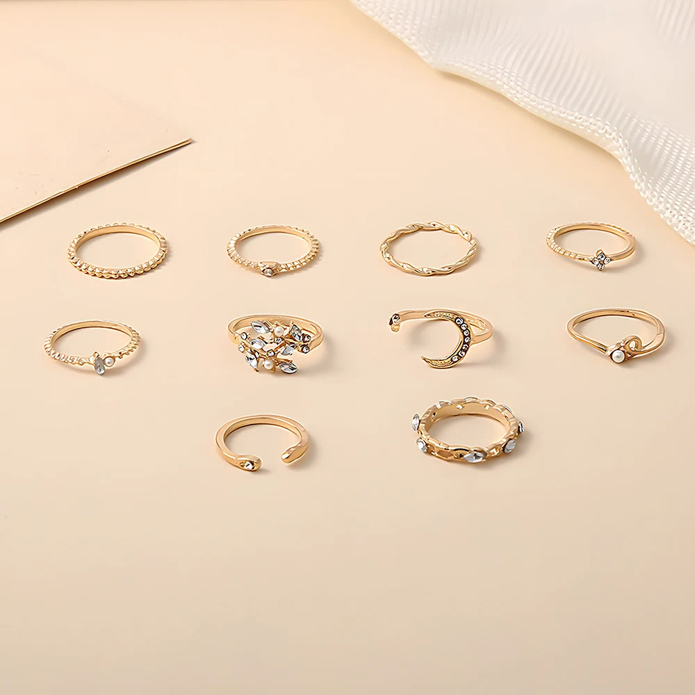 10Pcs Rings Suit for Women Gold-Color Chain Ring Set Bohemian Style Coin Snake Moon Star Party Leaves Love Trend Gift Jewelry