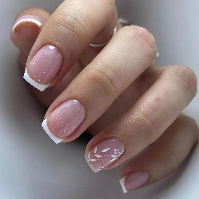Glamorous Pink Glitter French Short Fake Nails - 24Pcs Full Cover Press-On Nail Tips for Effortless Manicures