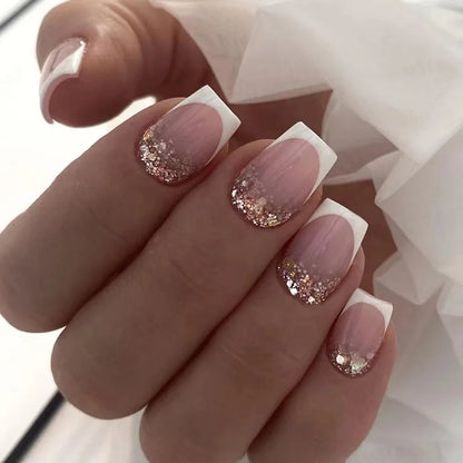 Glamorous Pink Glitter French Short Fake Nails - 24Pcs Full Cover Press-On Nail Tips for Effortless Manicures