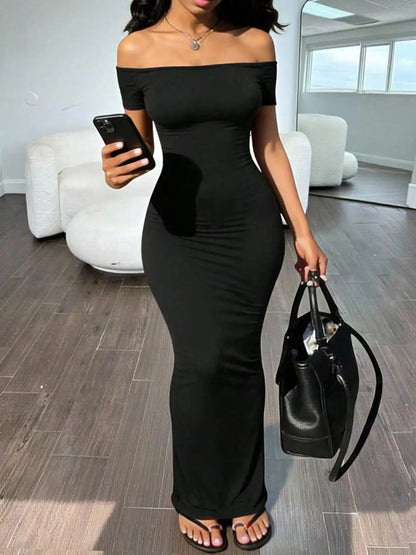 One-Shoulder Short Sleeve Bodycon A-Line Long Dress, Chic Sexy Pure Color Tight-Fit Evening Dress, Elegant Slimming Off-The-Shoulder Date Night Dress