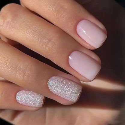 Glamorous Pink Glitter French Short Fake Nails - 24Pcs Full Cover Press-On Nail Tips for Effortless Manicures