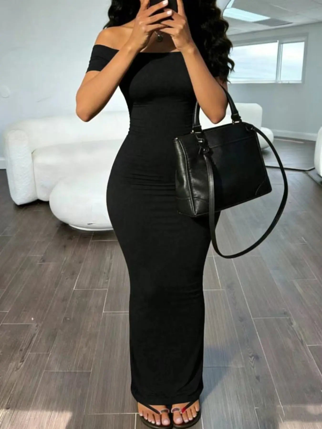One-Shoulder Short Sleeve Bodycon A-Line Long Dress, Chic Sexy Pure Color Tight-Fit Evening Dress, Elegant Slimming Off-The-Shoulder Date Night Dress