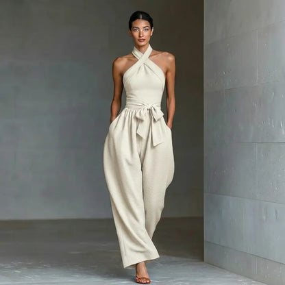 Elevate Your Summer Style with Our Sleeveless Halter Tie Long Pants Jumpsuit - Chic, Backless, and Perfectly Slim-Fitting!