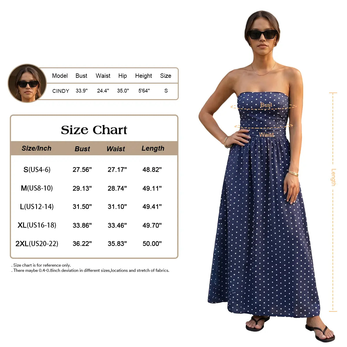 Chicovar Women'S Polka Dot Strapless Maxi Dress, Flowy Summer Dress, Chic Smocked Back, A-Line, Casual, Vacation Beach Dress, Summervibes