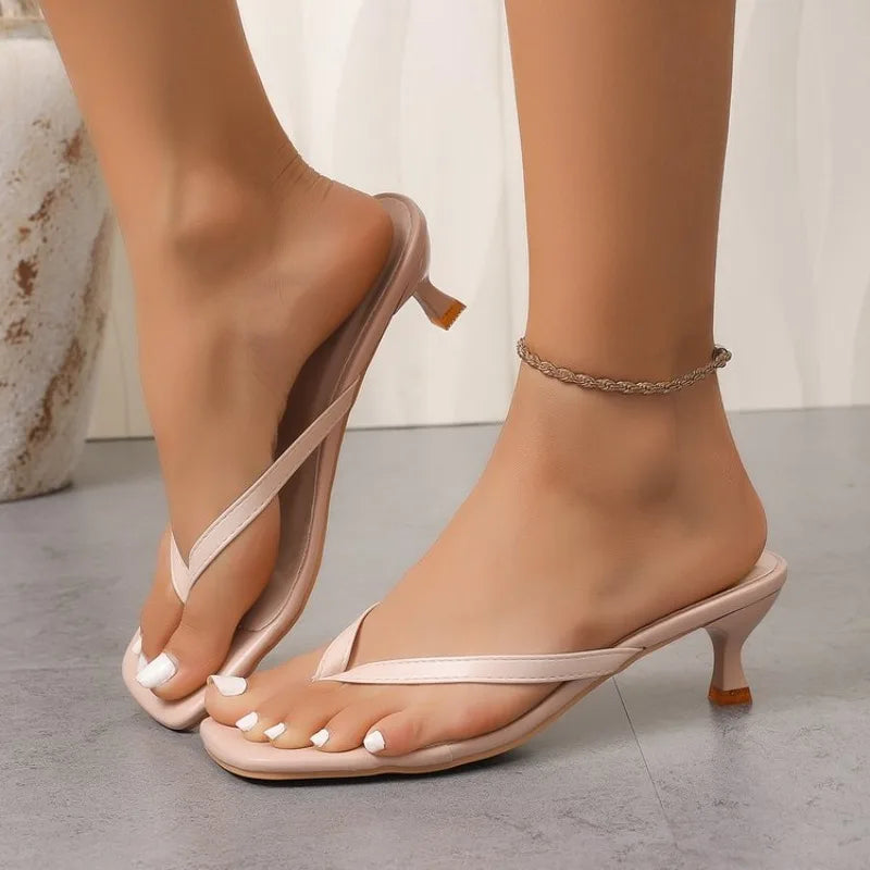 Womens Sandals Kitten Heel Square Toe Thong Slip on Mules Smooth Upper Low Heel Elegant Smart Casual Daily Summer Party Footwear
