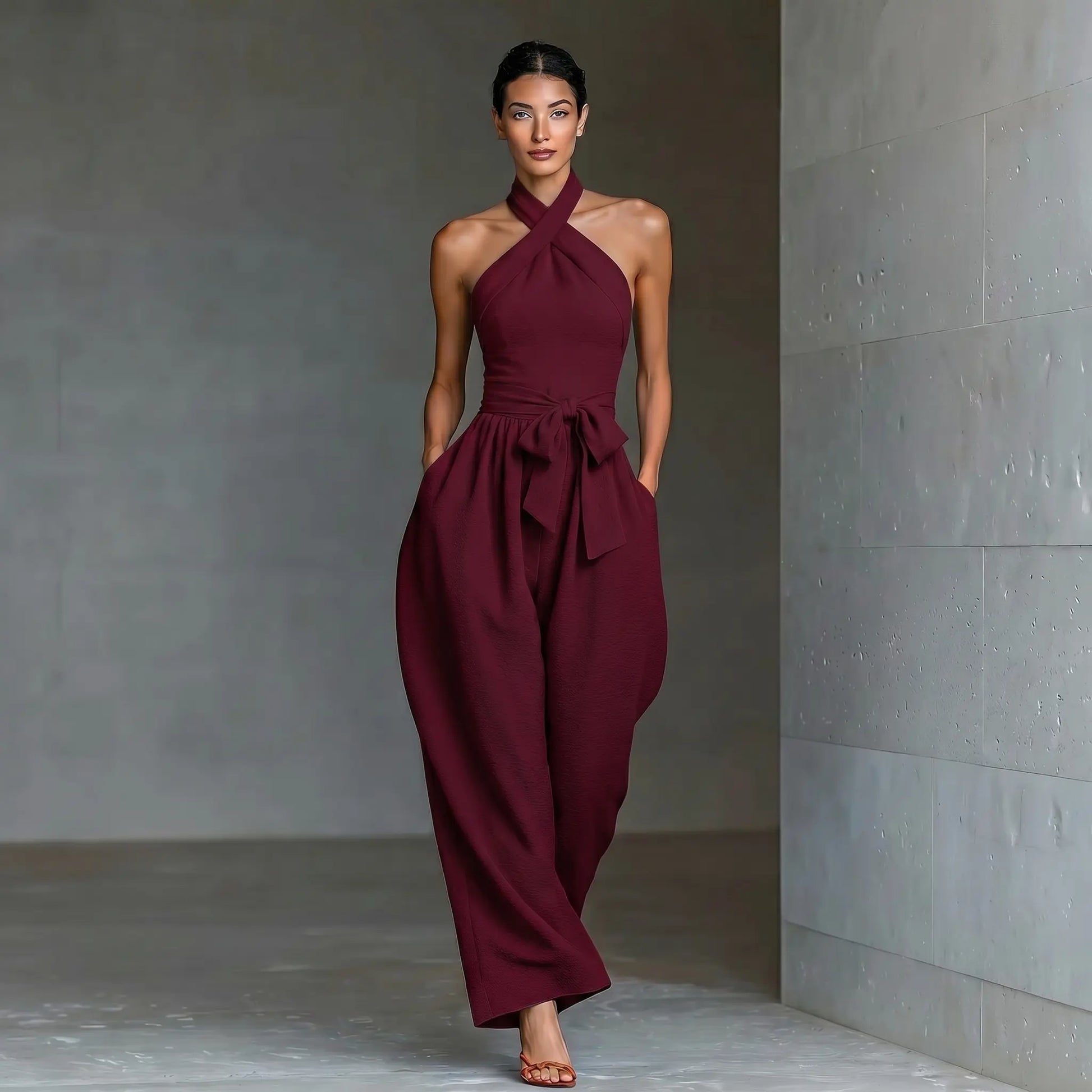 Elevate Your Summer Style with Our Sleeveless Halter Tie Long Pants Jumpsuit - Chic, Backless, and Perfectly Slim-Fitting!
