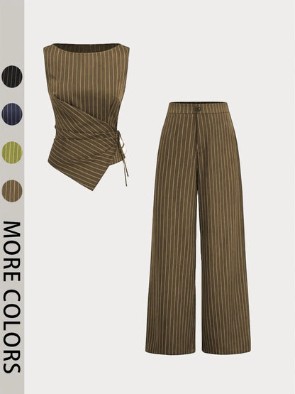 Chic Women's Striped Tie-Back Vest Top and Straight Leg Pants Set - Elegant Slim-Fitting Ensemble for All Seasons
