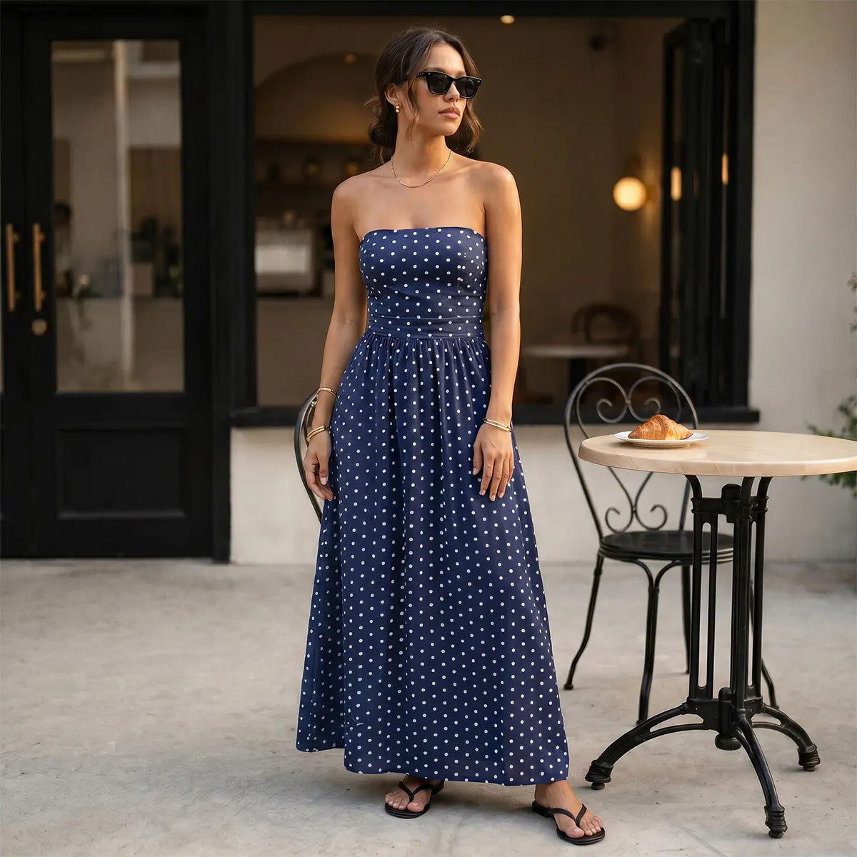 Chicovar Women'S Polka Dot Strapless Maxi Dress, Flowy Summer Dress, Chic Smocked Back, A-Line, Casual, Vacation Beach Dress, Summervibes