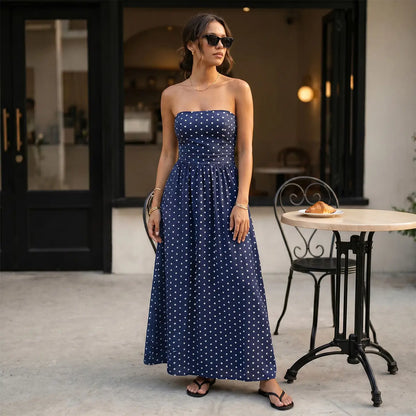 Chicovar Women'S Polka Dot Strapless Maxi Dress, Flowy Summer Dress, Chic Smocked Back, A-Line, Casual, Vacation Beach Dress, Summervibes