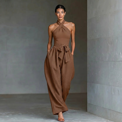Elevate Your Summer Style with Our Sleeveless Halter Tie Long Pants Jumpsuit - Chic, Backless, and Perfectly Slim-Fitting!