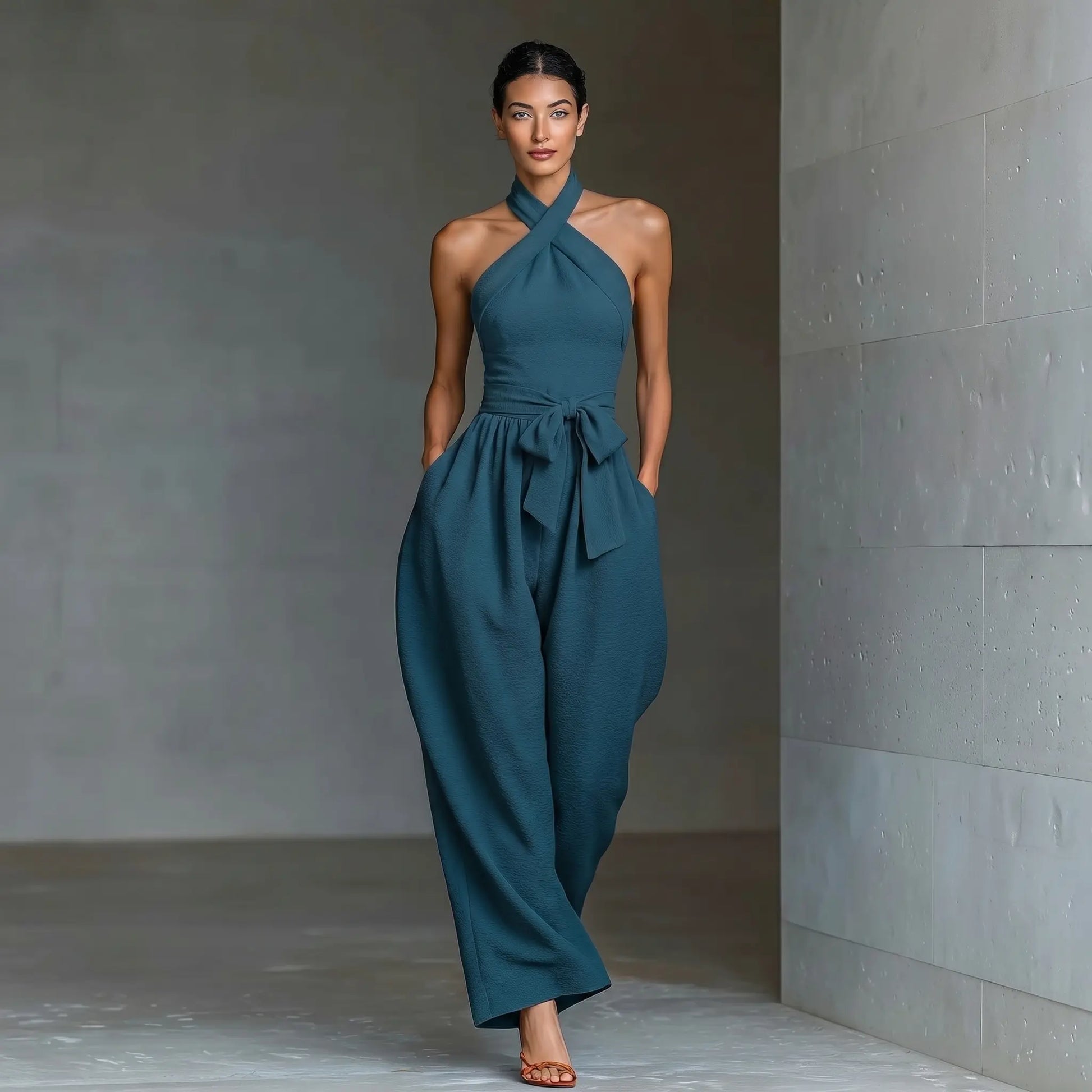 Elevate Your Summer Style with Our Sleeveless Halter Tie Long Pants Jumpsuit - Chic, Backless, and Perfectly Slim-Fitting!