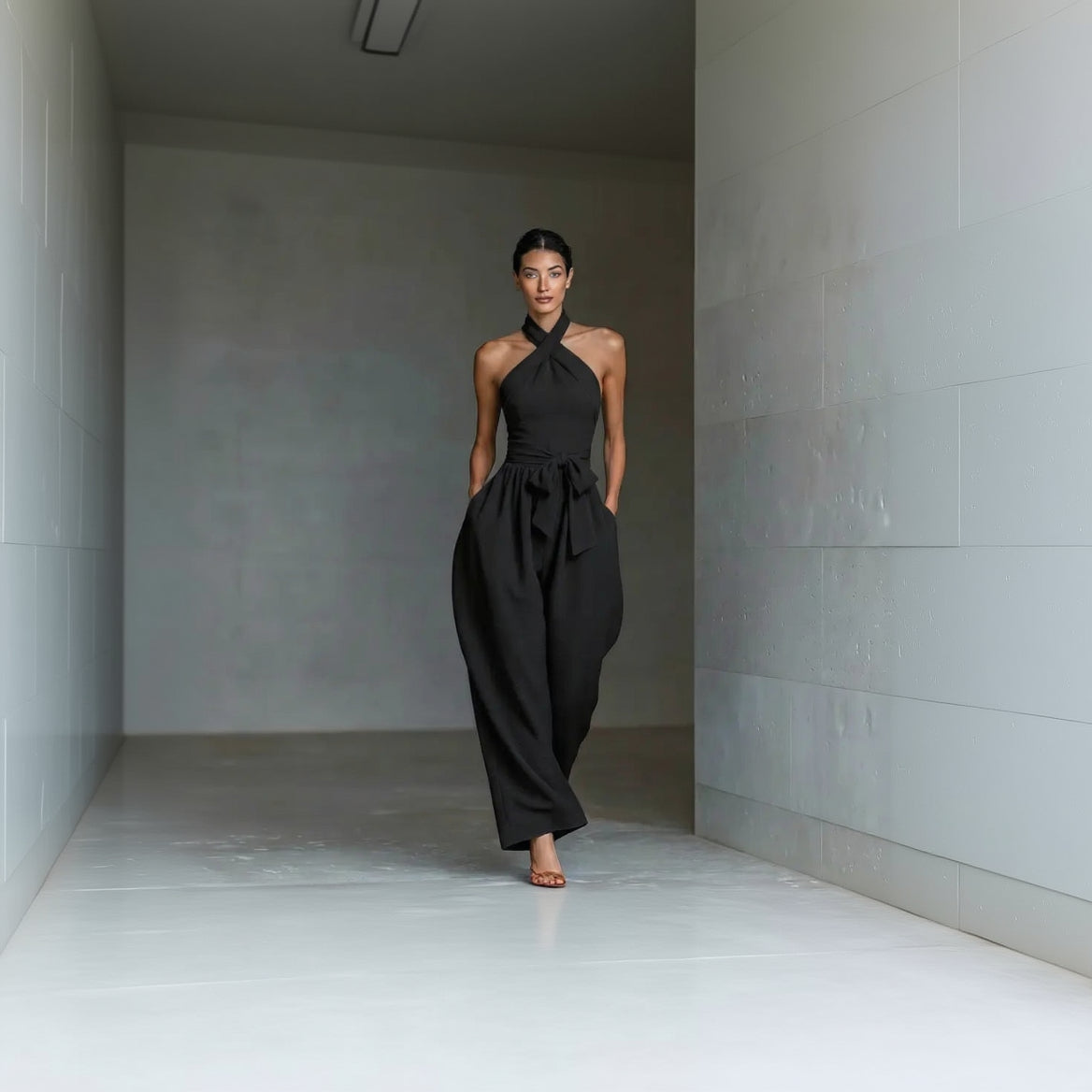 Elevate Your Summer Style with Our Sleeveless Halter Tie Long Pants Jumpsuit - Chic, Backless, and Perfectly Slim-Fitting!